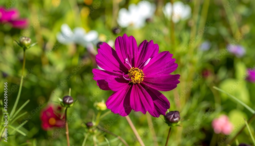 Obraz premium Close-up of a vibrant purple cosmos flower amidst other wildflowers