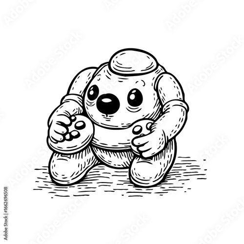 Whimsical monochrome illustration of a quirky plush-like character in expressive posture
