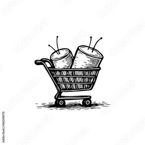 Whimsical shopping cart sketch filled with unusual cylindrical goods evoking retro futuristic