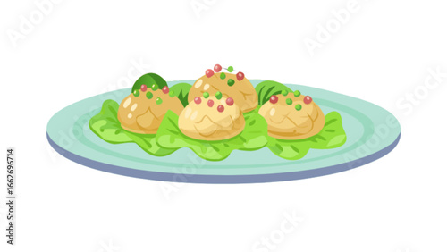 Delicious appetizer plate with tasty dumplings and fresh green garnish for food blog and recipe websites
