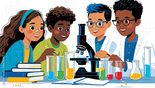 STEM Education Vector Illustration with Children Doing Science Experiments
