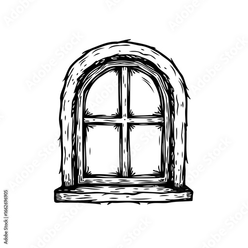 Whimsical window sketch with rustic frame offering glimpse into stylized unseen world illustration