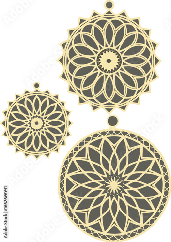 Vector of Three intricate golden mandala ornaments hanging against a dark gray background.