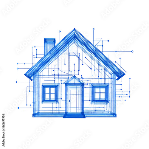 Blueprint of a modern house with integrated technology and electrical wiring, symbolizing smart home innovation.