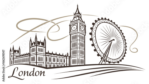 London skyline illustration featuring big ben houses of parliament and london eye travel and tourism landmark 100