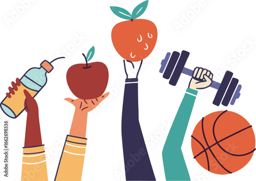 Vector of Diverse hands celebrate healthy lifestyles with fruits exercise and hydration.