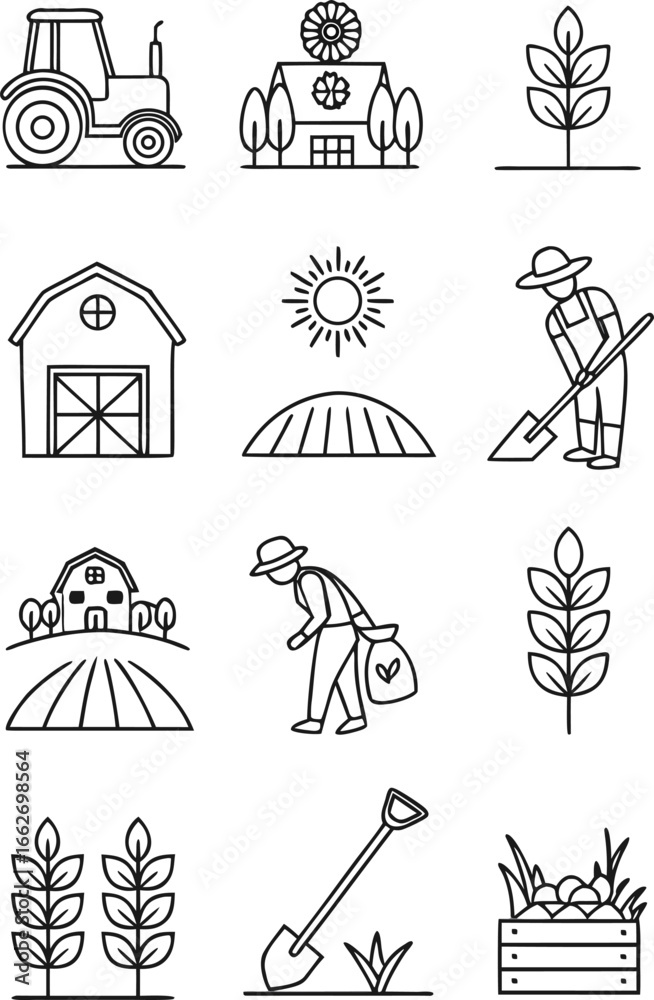 Naklejka premium Vector of Farm and agriculture icons featuring tractors barns farmers and crops.