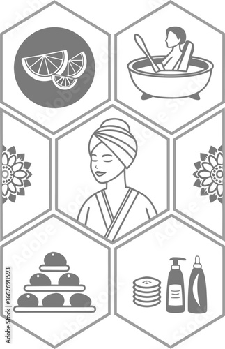 Vector of Relaxation and wellness icons for spa and self care.