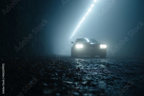Black car with headlights on drives through dark tunnel on wet road, eerie night scene with fog and glowing overhead lights