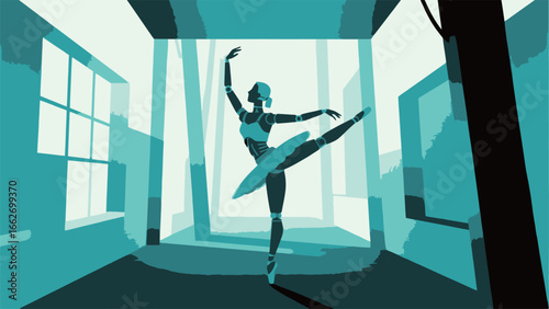 A ballet dancer in a studio demonstrates exquisite balance and technique, captured in a striking teal palette. Sunlight streams through large windows, illuminating the dancer's elegant posture as she 