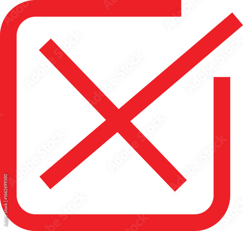 Red cross mark symbol inside square isolated on white background. Modern rejection icon for error, denial, or wrong action. Minimal design concept for cancellation illustration.