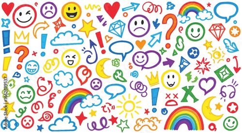 Assorted doodle icons including smiley faces rainbows stars hearts and geometric shapes on a white background