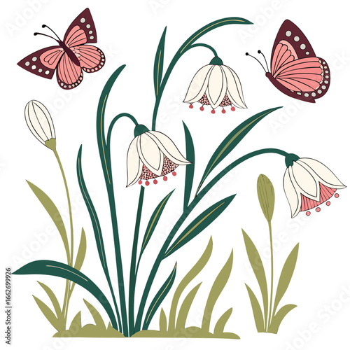 Whimsical hand-painted floral border with butterflies — colorful watercolor gouache botanical illustration on white background, cute playful spring garden banner for nursery decor and greeting cards