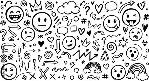 Assorted hand drawn doodles of emojis arrows hearts and other symbols in black and white design style