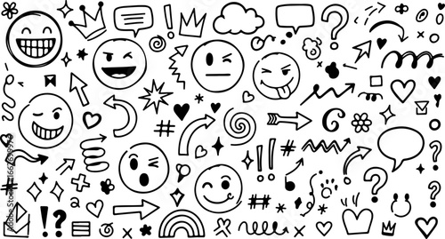 A doodle page filled with hand drawn emojis arrows hearts and other assorted symbols and shapes artfully arranged