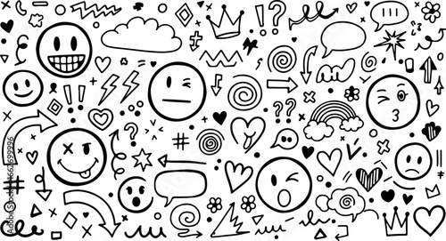 Collection of hand drawn doodles including emojis, arrows, hearts, and other random decorative elements