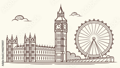 London skyline vector illustration featuring big ben london eye and houses of parliament sketch drawing art 100