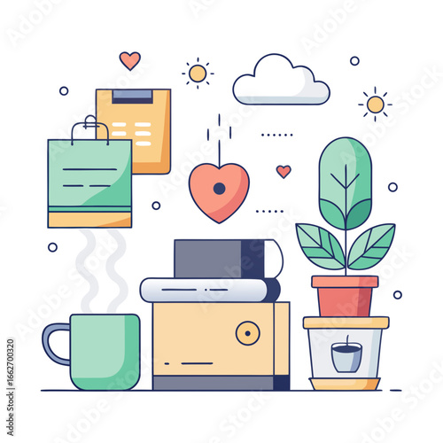 Workplace essentials and comfort items isolated on white background silhouette