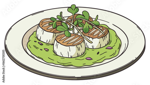 Delicious seared scallops recipe on plate with green puree and garnish for restaurant menu and food blog
