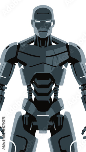This artwork presents a futuristic robot designed with intricate mechanical details and a sleek metallic finish. The figure stands in a bold pose, reflecting innovation in robotics and technology.
