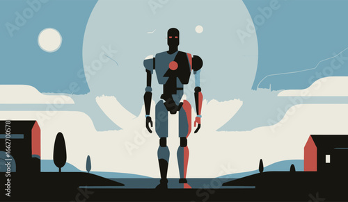 A large robot with a sleek design stands confidently in a calm setting, surrounded by simple houses and trees. The backdrop features a pastel sky with soft colors, hinting at the end of the day.