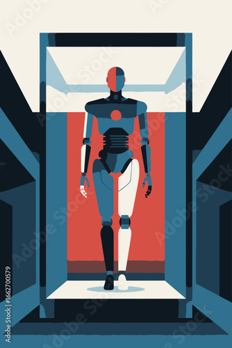 A humanoid robot with a blue and gray design emerges from a high-tech pod, surrounded by minimalistic geometric shapes. The background features bold red and contrasting hues, highlighting the robotic 