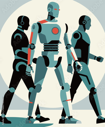 Three humanoid robots are depicted walking in unison, showcasing different designs and features. The robots, set against a light background, suggest a futuristic environment. Their mechanical limbs an