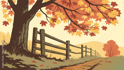 Autumn landscape vector illustration with fence tree and falling leaves scenic fall season nature background art 100