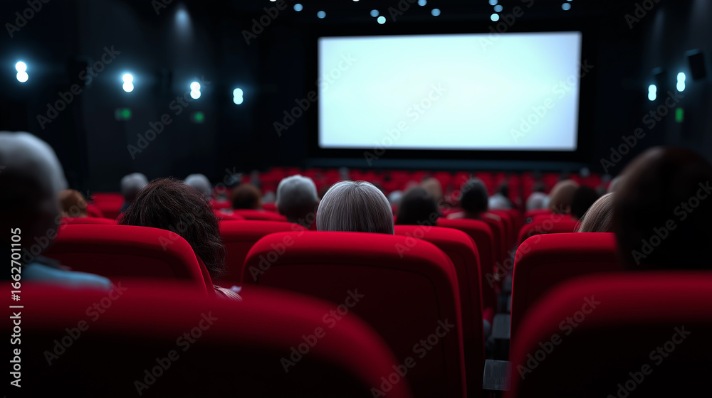 Fototapeta premium Audience watching movie on big screen in dark cinema theater. 