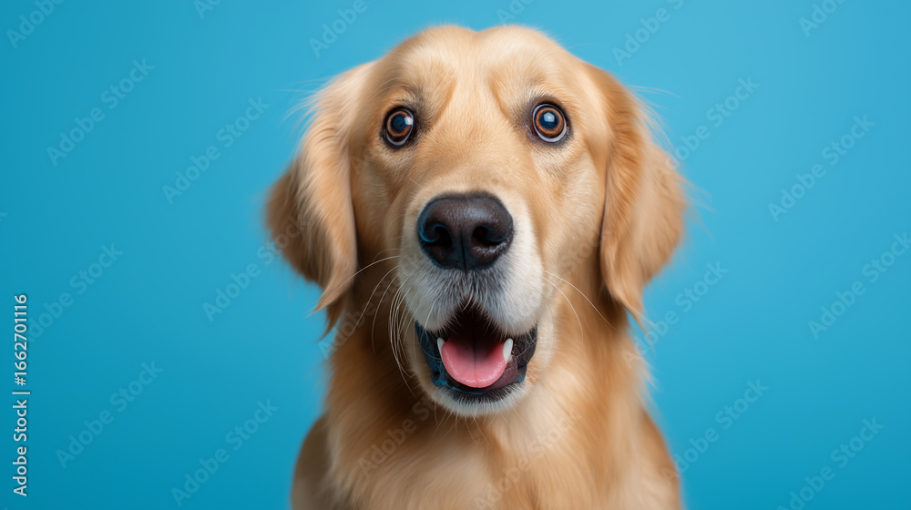 Obraz premium Golden retriever dog looking surprised with open mouth on blue background. 