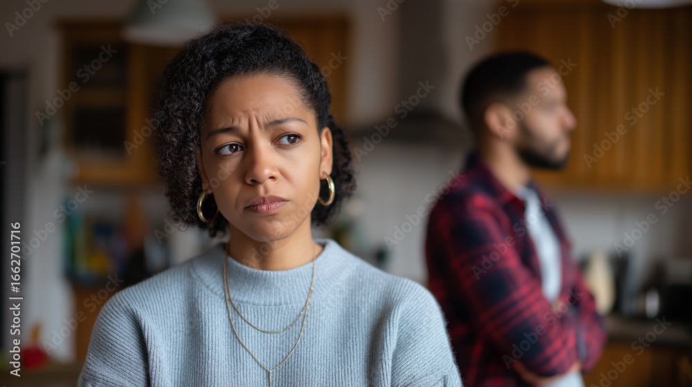 Fototapeta premium Woman looking upset with partner in background after argument at home. 