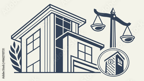Real estate law firm logo design with scales of justice and house for legal services company branding