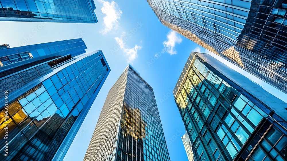 Fototapeta premium Low angle view of modern skyscrapers reaching for a partly cloudy sky