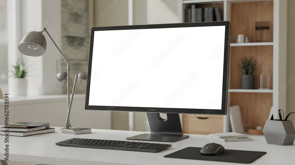 Fototapeta premium A computer with a blank white screen sits on a desk with a lamp and other office supplies nearby