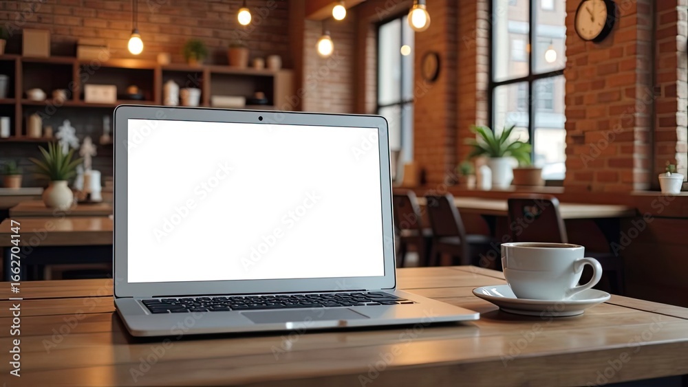 Fototapeta premium Laptop with a white screen mock up in loft-style cafes background with cup of coffee on table. Remote work, internet, shopping.