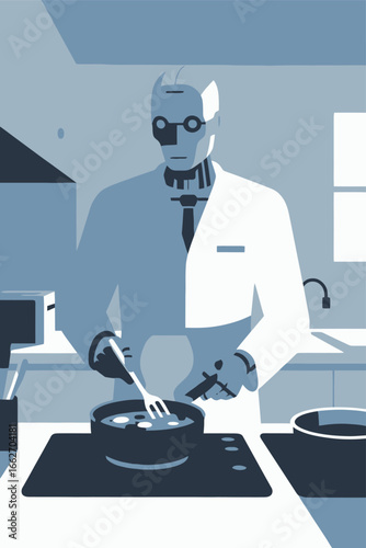 A robotic chef stands in a sleek, contemporary kitchen, skillfully cooking a meal. It uses precise movements to stir ingredients in a frying pan, showcasing advanced culinary abilities. Sunlight filte