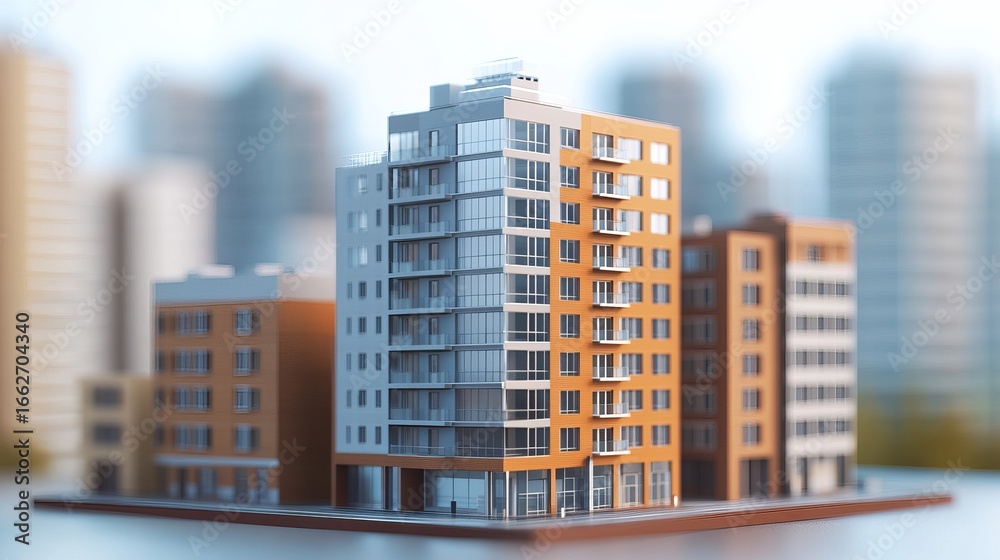 Fototapeta premium Miniature city model, multiple buildings, light, urban