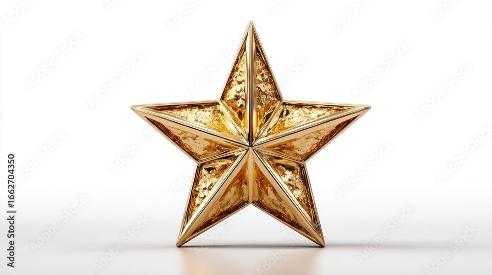 Fototapeta premium Gold metallic star icon, shiny symbol isolated on transparent background
