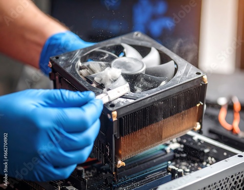 Technician cleaning computer fan