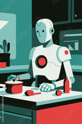 A humanoid robot chef is engaged in cooking, stirring a pot on a table filled with various utensils and ingredients. The kitchen features vibrant colors and modern appliances, indicating a high-tech c