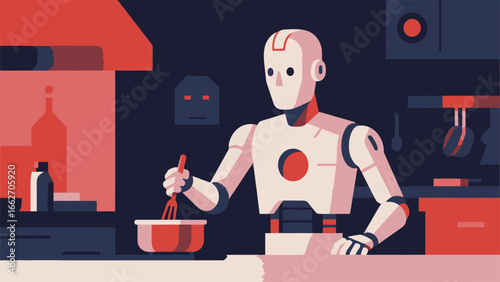 A robot chef stands in a modern kitchen, skillfully mixing ingredients in a bowl with a whisk. The kitchen features minimalist design, showcasing bright colors and advanced appliances as sunlight stre