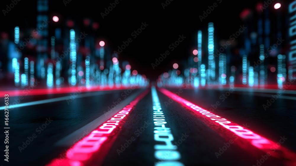 Obraz premium Futuristic digital background with glowing binary code in perspective. 