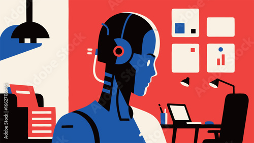 A robotic assistant wearing a headset is focused on providing customer support in a sleek office environment filled with paperwork and digital devices. The vibrant background combines red and blue ton