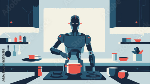 A futuristic robot chef stands at a sleek kitchen counter, stirring a pot on the stove. Surrounding it are various kitchen utensils, pots, and ingredients. Bright light filters through the window, sho
