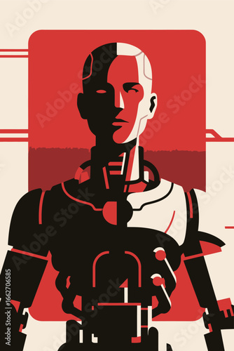 A striking humanoid robot stands prominently against a contrasting background. The design features bold red and black colors, emphasizing modern technology and innovation. The robot's detailed silhoue