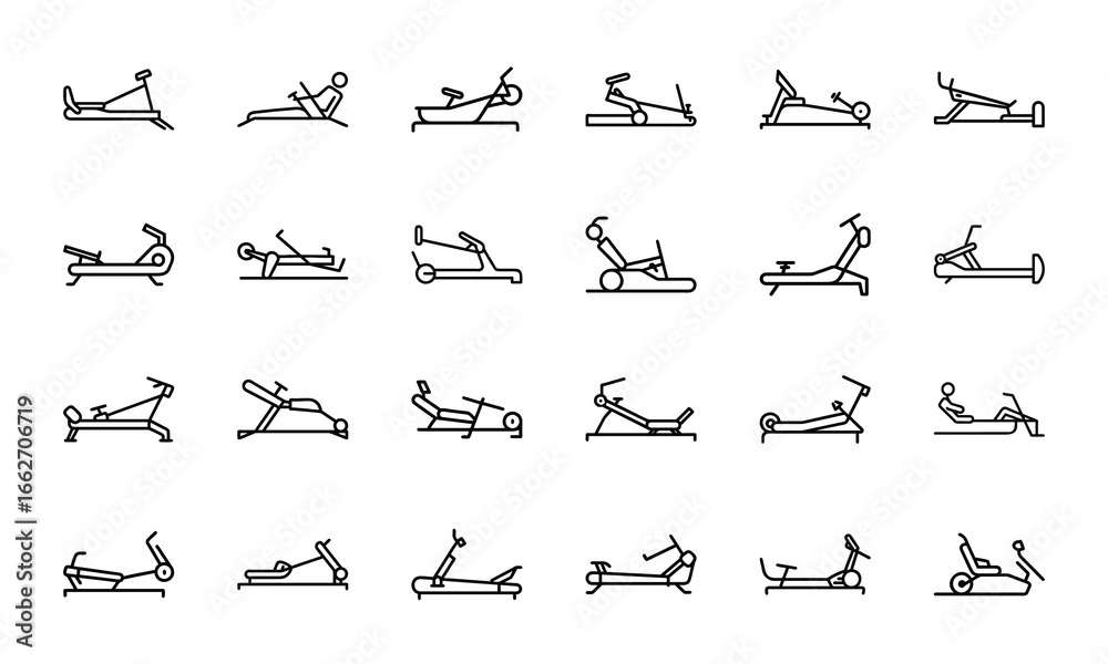 Naklejka premium Fitness and Workout Line Icons Set Exercise, Gym Training, Weightlifting, Yoga, Martial Arts, Boxing, Running, Swimming, Sports and Healthy Lifestyle Vector Illustrations