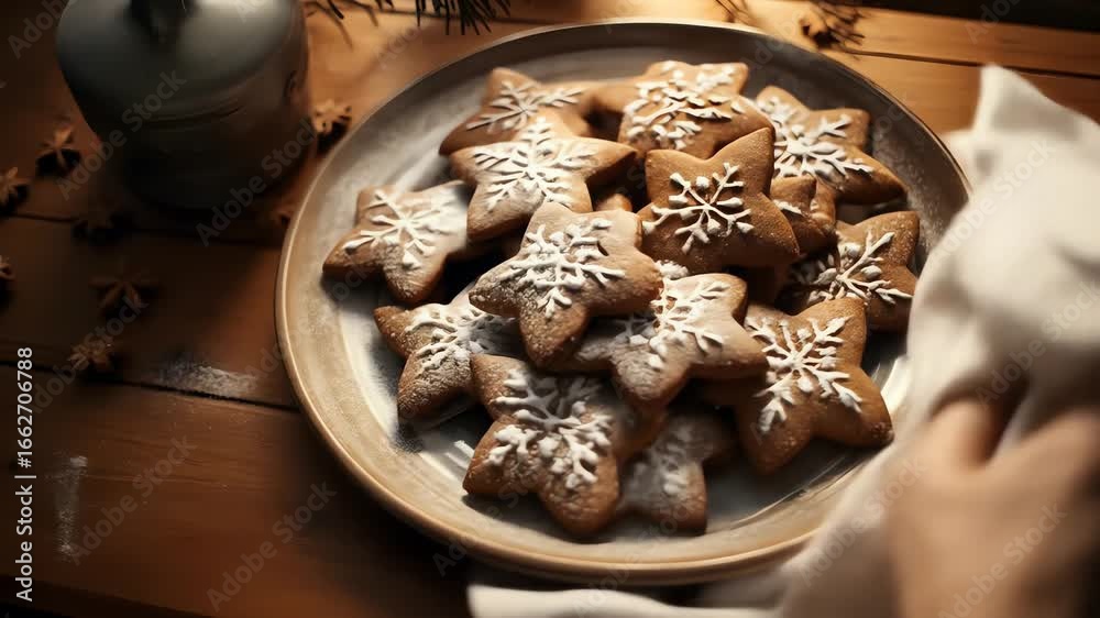 Starshaped gingerbread cookies with snowflake icing on a plate