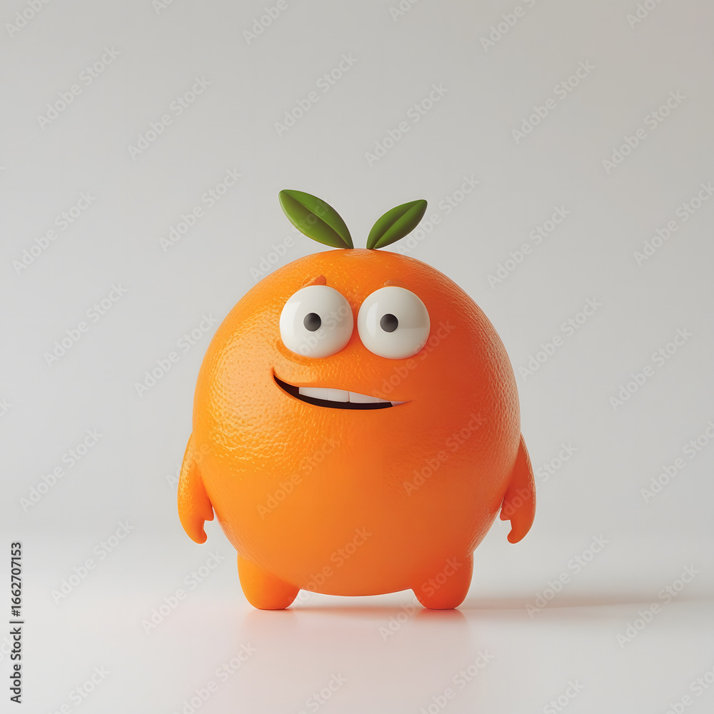 Fototapeta premium Cute Orange Cartoon Character with Green Leaves