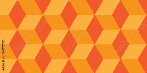 orang and red geometric cube creative concept triangle overlap square technology background. digital cubes fabric and wallpaper grid block texture background.	