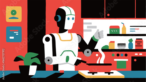 A robot chef stands in a colorful kitchen, skillfully using a frying pan to cook a meal. The surroundings feature modern appliances and various cooking ingredients, creating a lively cooking atmospher